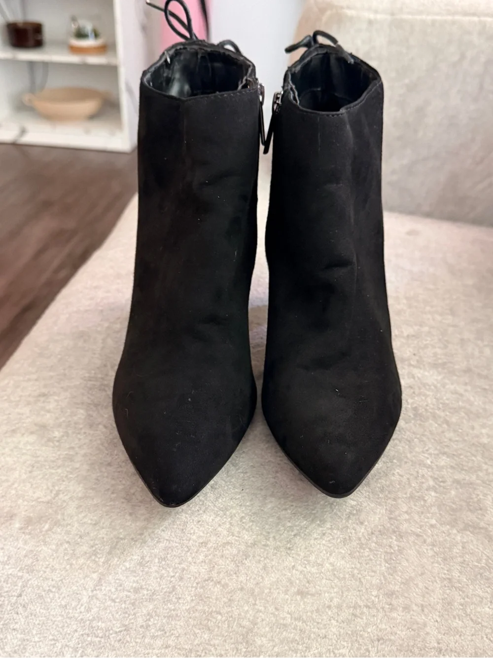 Bandolino Black Suede Pointed-Toe Ankle Booties with Back Lace